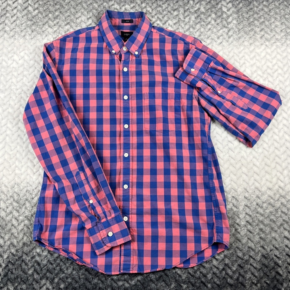 J Crew Shirt Mens M Red(Pink)Blue Gingham Check Slim Untucked Stretch Button